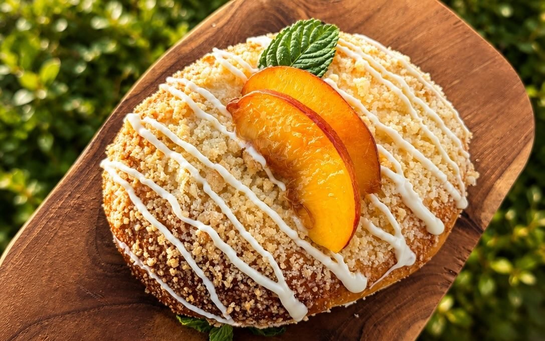 Drożdżówka Smakosza z mascarpone, karmelizowanymi brzoskwiniami oraz kruszonką — bakeMAnia