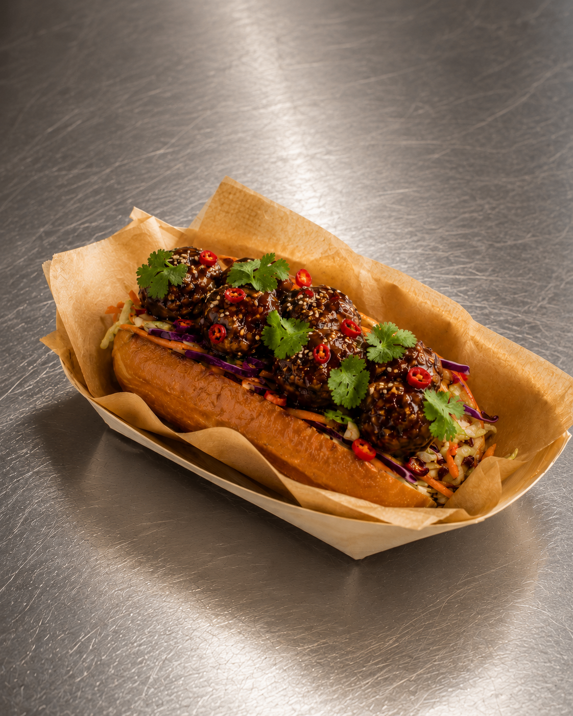 Banh Mi Smakosza, czyli azjatycka kanapka z karmelizowanymi vege klopsami w glazurze imbirowo-sojowej, orzechową wietnamską sałatką z marchwi, ogórka i kapusty, sosem miso, orzeszkami, sezamem, kolendrą, miętą i chili. W 100% wegańska! — Jamnik